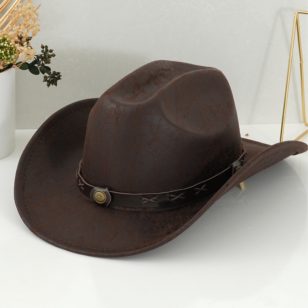 Vintage Western Cowboy Hat Distressed Leather Buckle Cross Stitched Metal Men's And Women's Party Outdoor Music Festival Hat_voghion.com