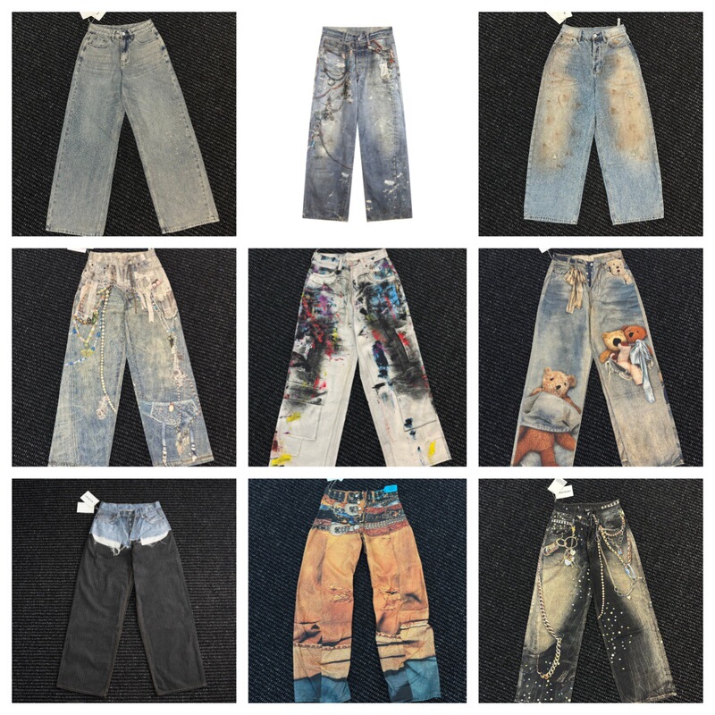 Trendy Brand Ac Hand-Painted Splatter Ink Ripped Jeans 3D Printed Graffiti Water Ripple Loose Wide-Leg Jeans Trendy Brand Ac Hand-Painted Splatter Ink Ripped Jeans 3D Printed Graffiti Water Ripple Loose Wide-Leg Jeans