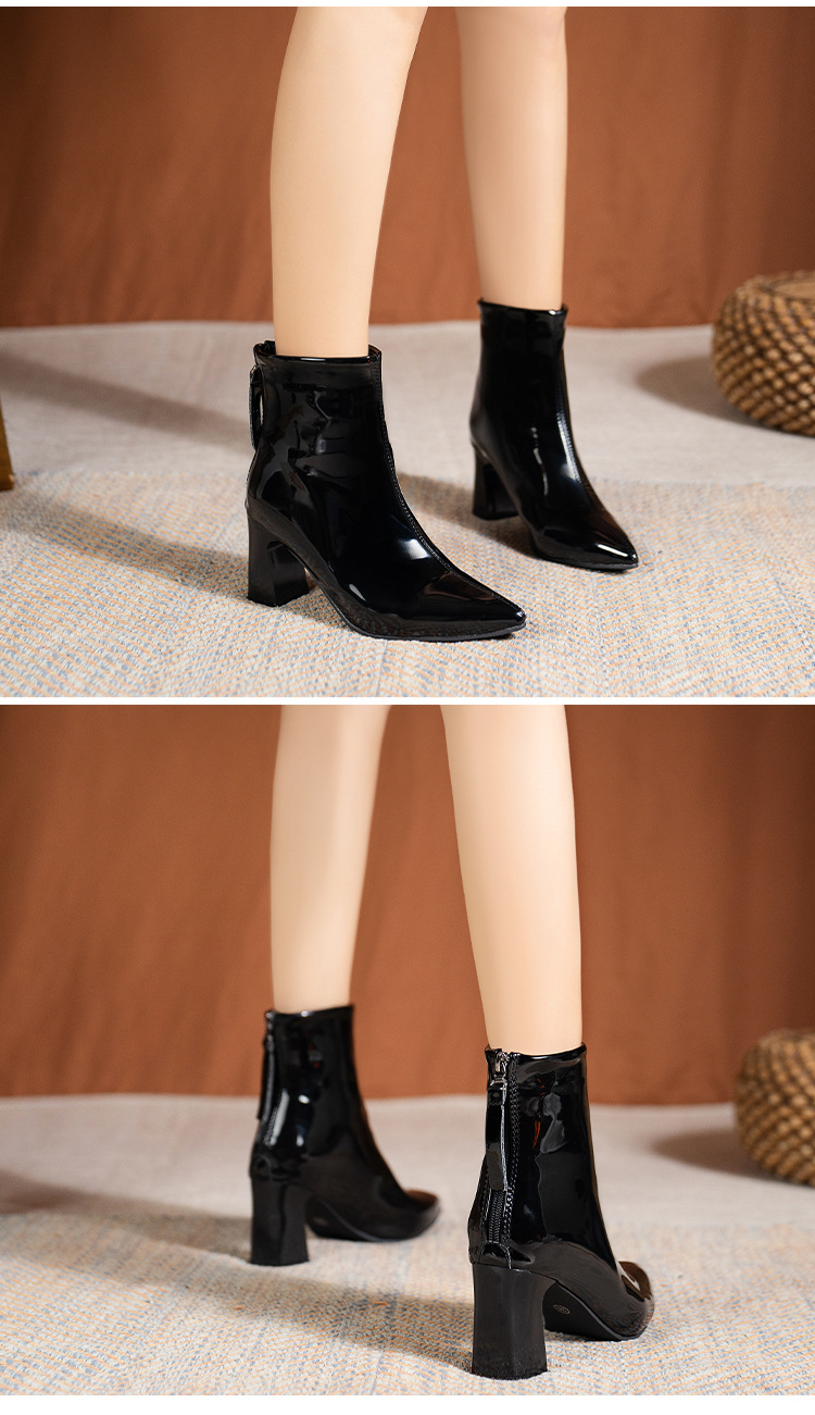 High heeled short for women autumn and winter new British style pointed patent leather thick heel fashion Martin_voghion.com