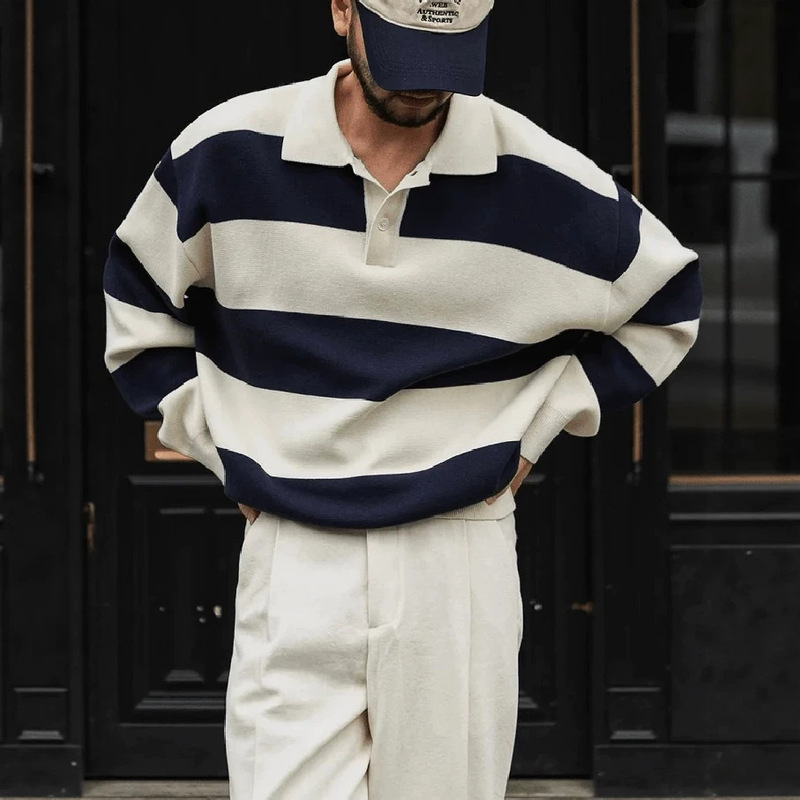 2026 European and American cross-border men's button-down knitted striped sweater cardigan, autumn/winter casual fashion polo shirt 2026 European and American cross-border men's button-down knitted striped sweater cardigan, autumn/winter casual fashion polo shirt