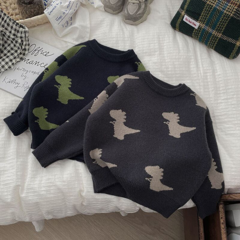 2025 New Autumn and Winter Dinosaur Jacquard Loose Pullover Sweater for Boys and Girls Korean Cartoon Knitted Thick Sweater 2025 New Autumn and Winter Dinosaur Jacquard Loose Pullover Sweater for Boys and Girls Korean Cartoon Knitted Thick Sweater