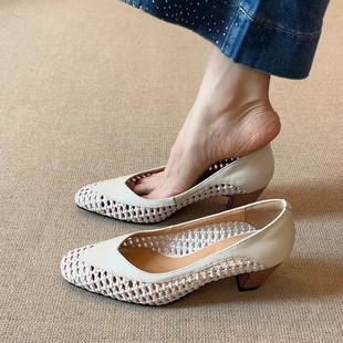 Soft Sheepskin ~ Retro Soft Bottom Leather Woven Hollow Out High Heels Women's Square Head Elegant White Coarse Heel Shallow Mouth Sandals