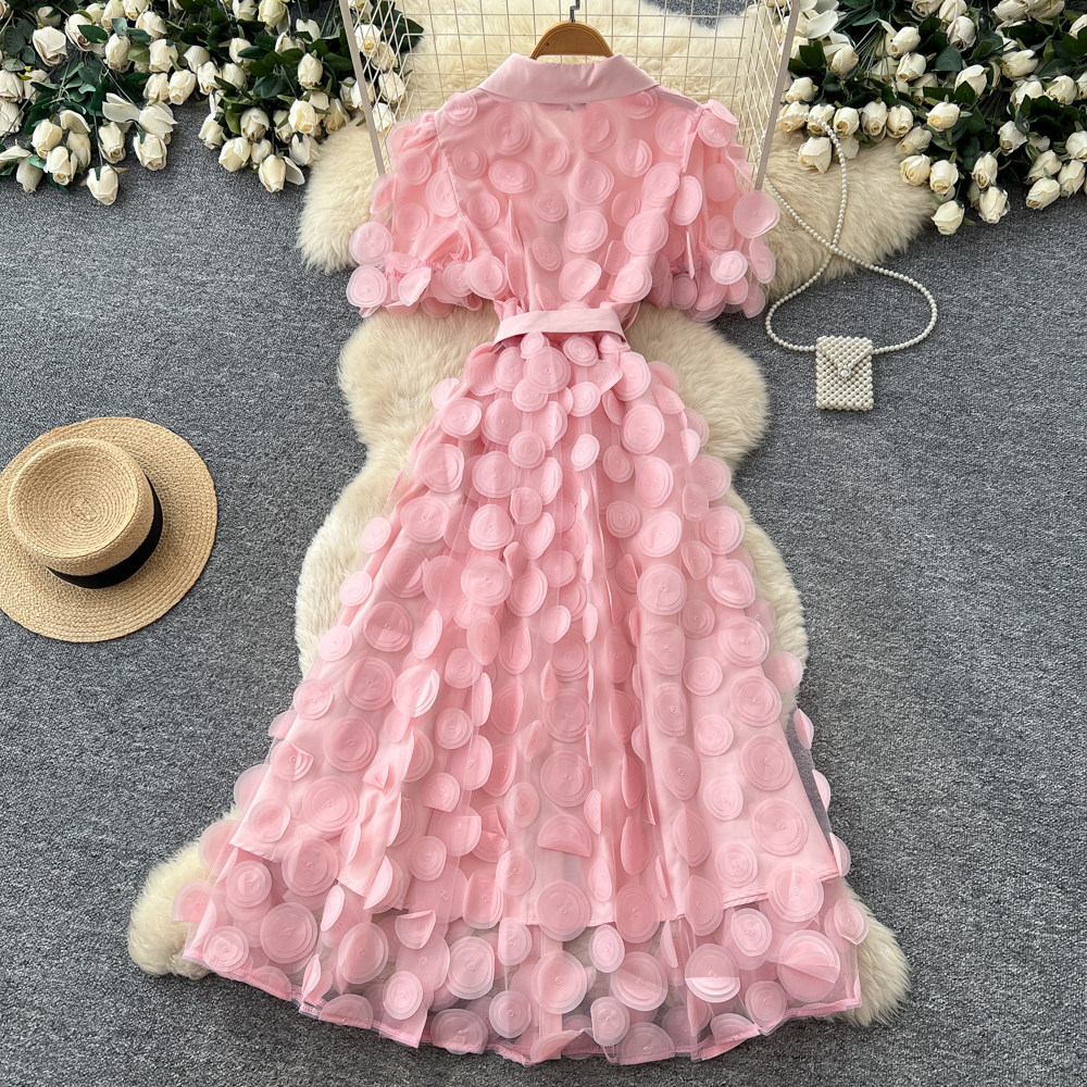 Elegant French Style Lace Dress for Women Summer Short Sleeve A-Line Skirt Tie Waist Sophisticated Lapel_ecoleips.com
