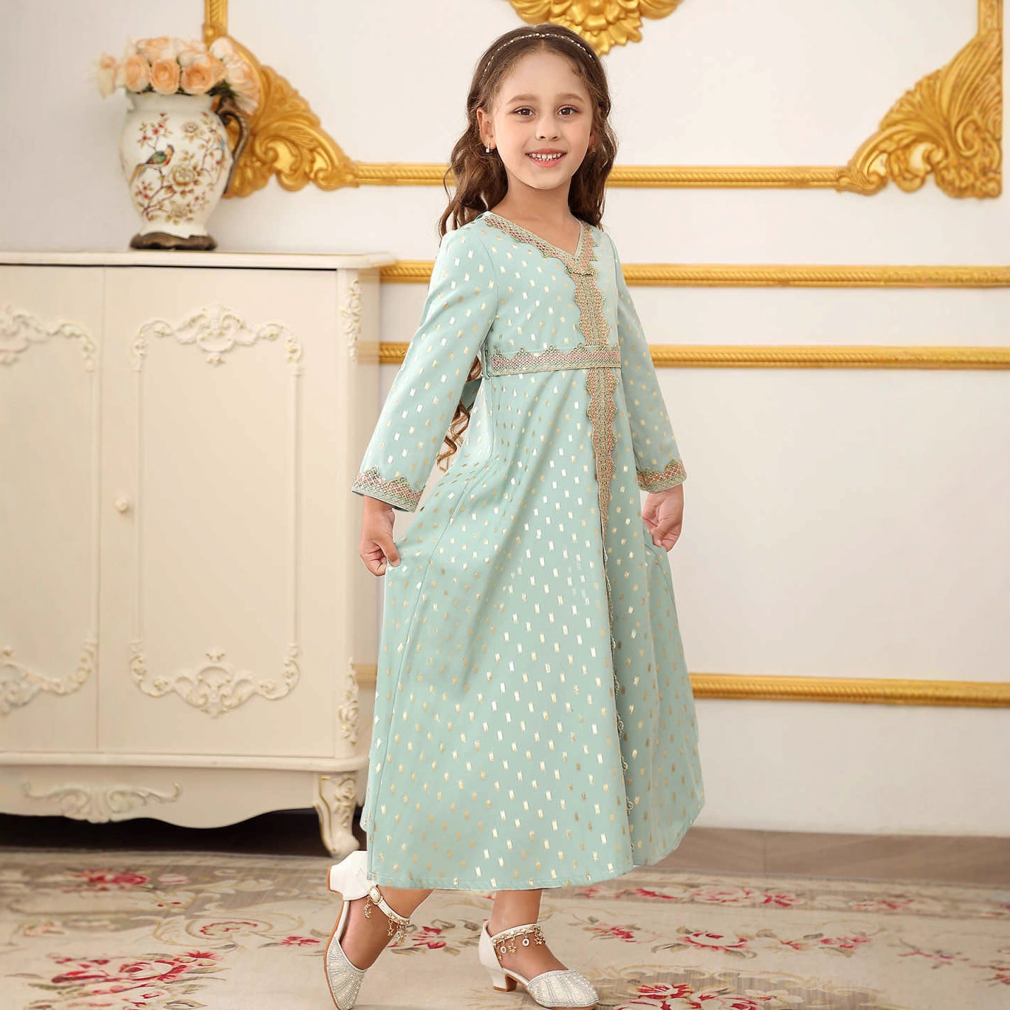 Dubai Mädchen Langarm Kleid Mit Druck Middle Eastern Style_voghion.com