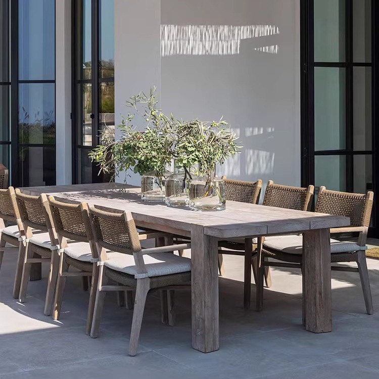 Mesa y silla al aire libre patio chalet tabla de madera larga impermeable alojamiento residencial terraza al aire libre jardín ocio combinación de mesa de comedor de madera maciza