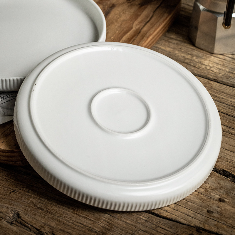 Decca platos en relieve blanco de 8 pulgadas platos de postre de cerámica ins simple platos de comida occidental platos personales exportación transfronteriza
