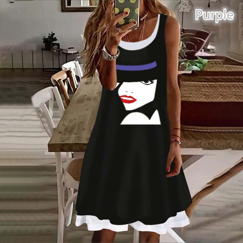 Casual Fashion Printing Round Neck Sleeveless Printing Polyester Knee-Length Tank Dress