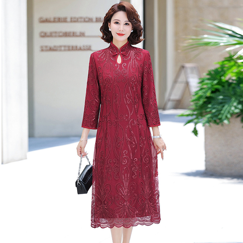 妈妈刺绣两件套连衣裙中老年女气质长袖连衣裙套装喜婆婆婚宴礼服