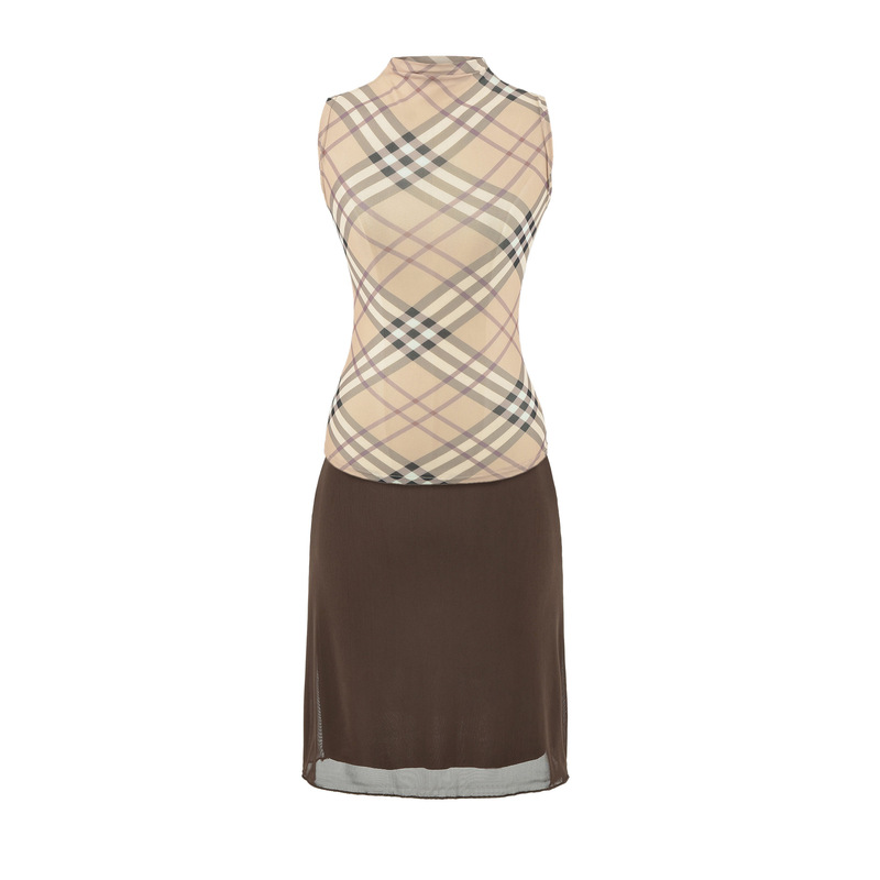 Brown Plaid Half-High Collar Vest and Skirt Set, Stylish Summer Sheer Fabric, Sexy Slim-Fit Top and Short Skirt Brown Plaid Half-High Collar Vest and Skirt Set, Stylish Summer Sheer Fabric, Sexy Slim-Fit Top and Short Skirt