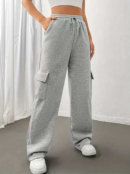 2025 Cross-Border New Women's Solid Color Loose Pocket Decorative Elastic Waist Drawstring Cargo Sports Casual Long Pants