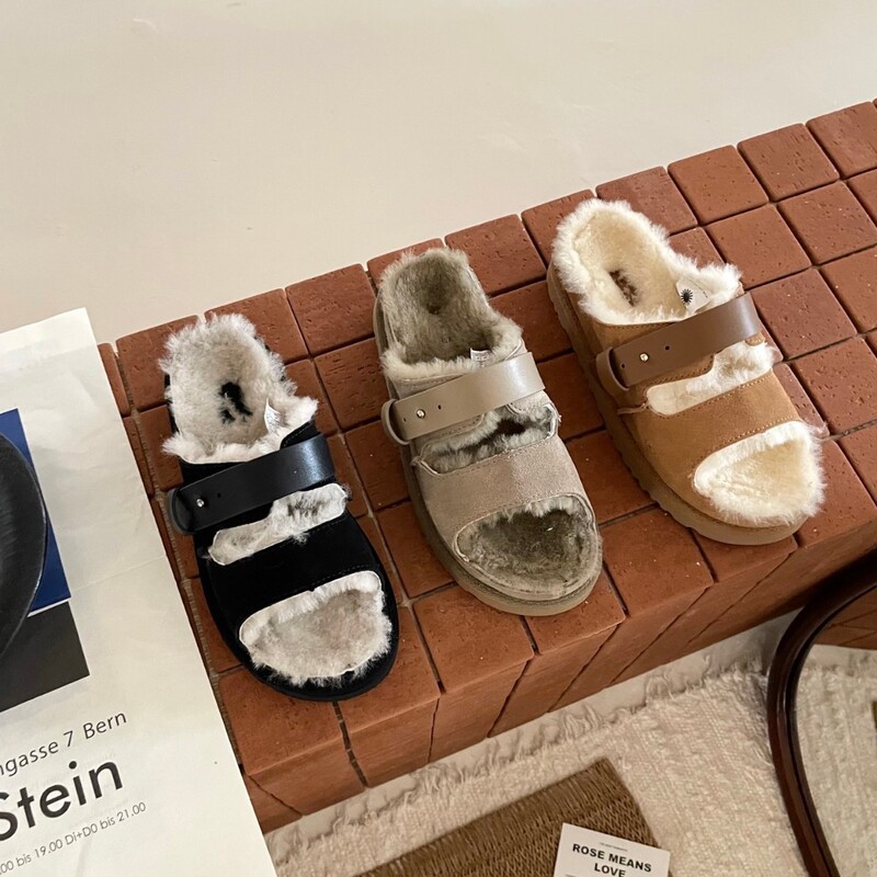 Henan Sangpo snow boots 2025, featuring a suede and fur lining, adjustable straps, open-toe design, and a Birkenstock-style sole, with wool lining