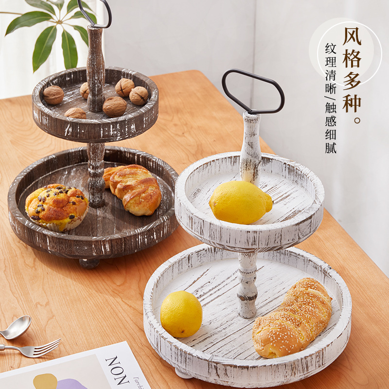 Cruzar la frontera de madera retro de múltiples capas merienda soporte plato de fruta pastel de frutas secas de múltiples capas bandeja de hogar soporte de postre soporte de exhibición