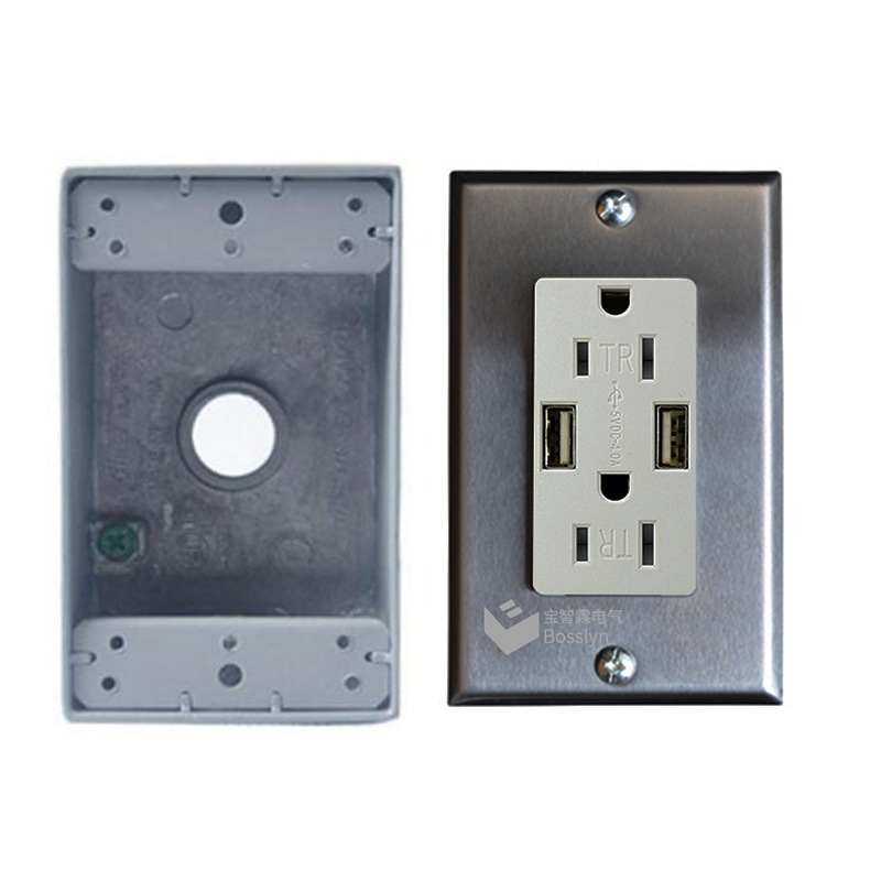 工业复古风美式日式明装插座 美标USB插座带铝压铸底盒不锈钢面板