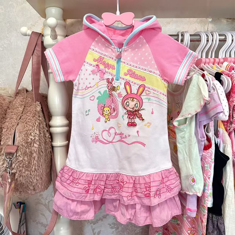 Pakaian Anak Perempuan Imut Gaya Jepang Mezzopiano Rok T-Shirt Lengan Pendek Bertopi Kelinci Piano Musim Panas Rok A-line Motif Cetak