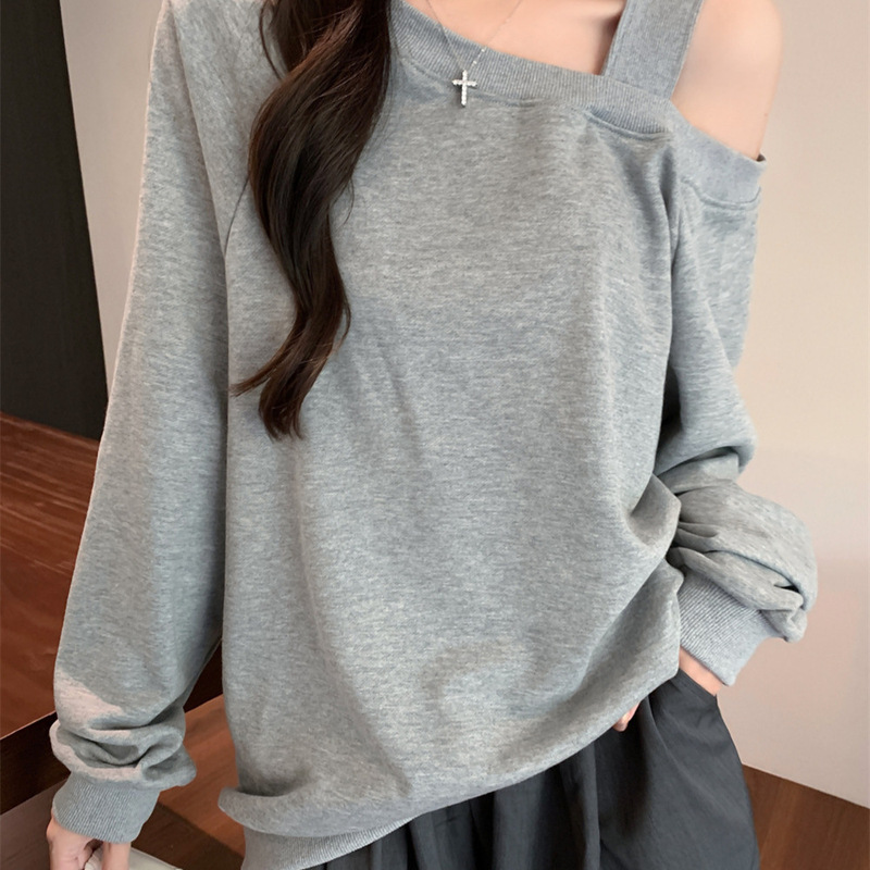 欧美风纯色实拍华棉复合宽松卫衣女斜肩一字领露肩秋冬装|undefined