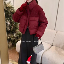 立领毛呢拼接短款羽绒服小个子红色外套女装冬新款2024白鸭绒防寒