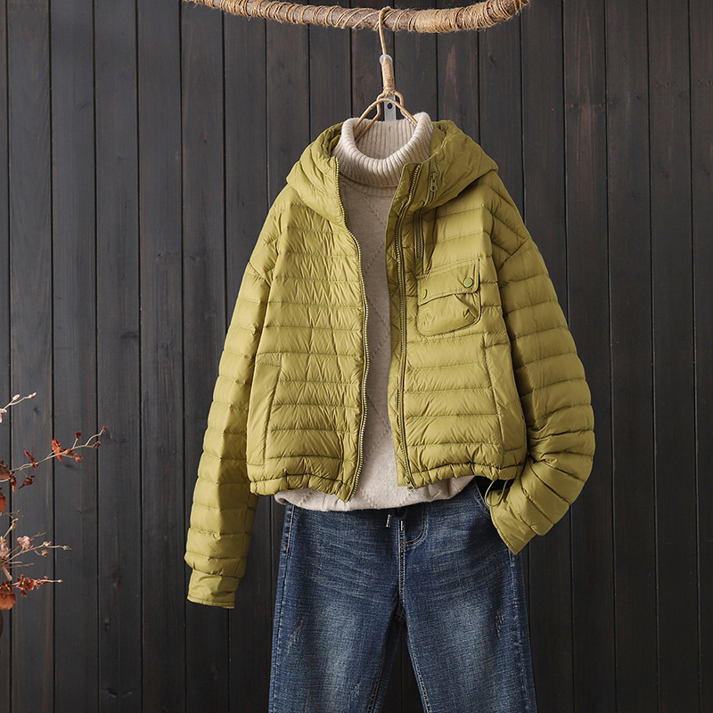时尚文艺羽绒服女短款2025冬新款连帽新中式轻薄保暖白鸭绒面包服
