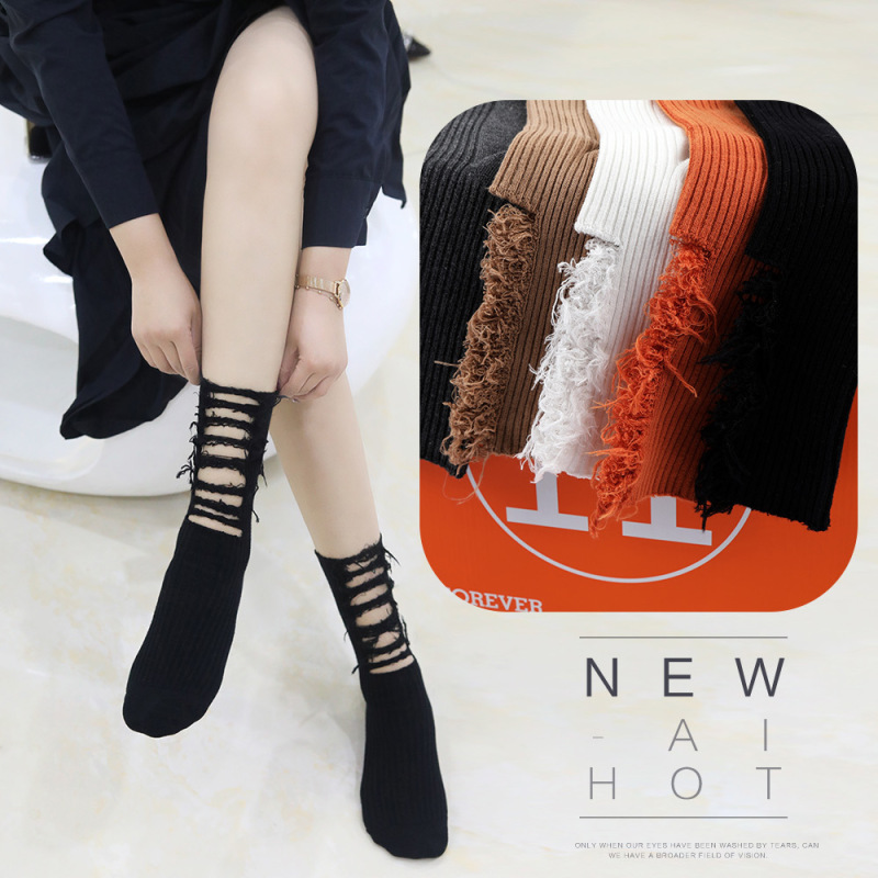Ahige Beggar Socks, Ripped Socks, Mid-Calf Socks, Trendy Socks, Instagram Fashion High-Calf Socks, Purely Hand-Cut