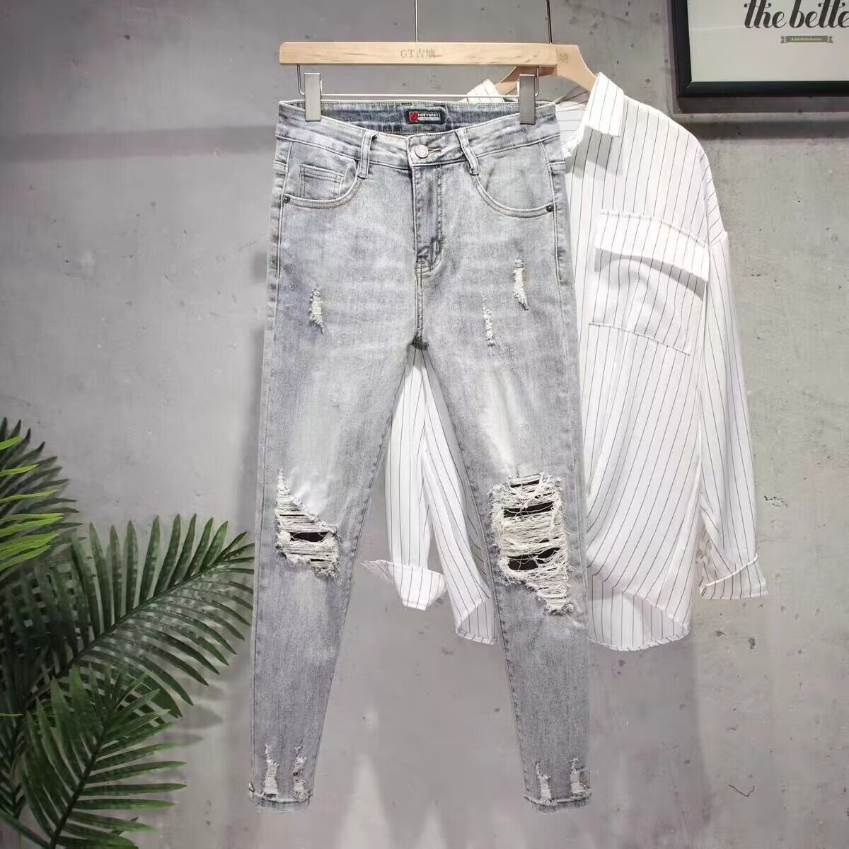 American High Street Ripped Jeans For Men Slim Fit Straight Long Trendy Zipper Cuff Cool Pants Fashion_mkmklike.com