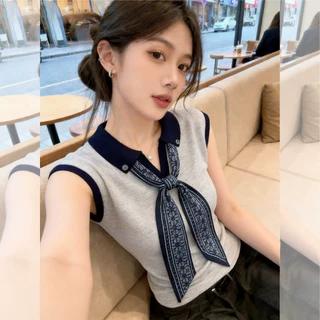 巨好看丝巾领带正肩针织T恤女2026超火减龄夏季韩系气质坎肩上衣