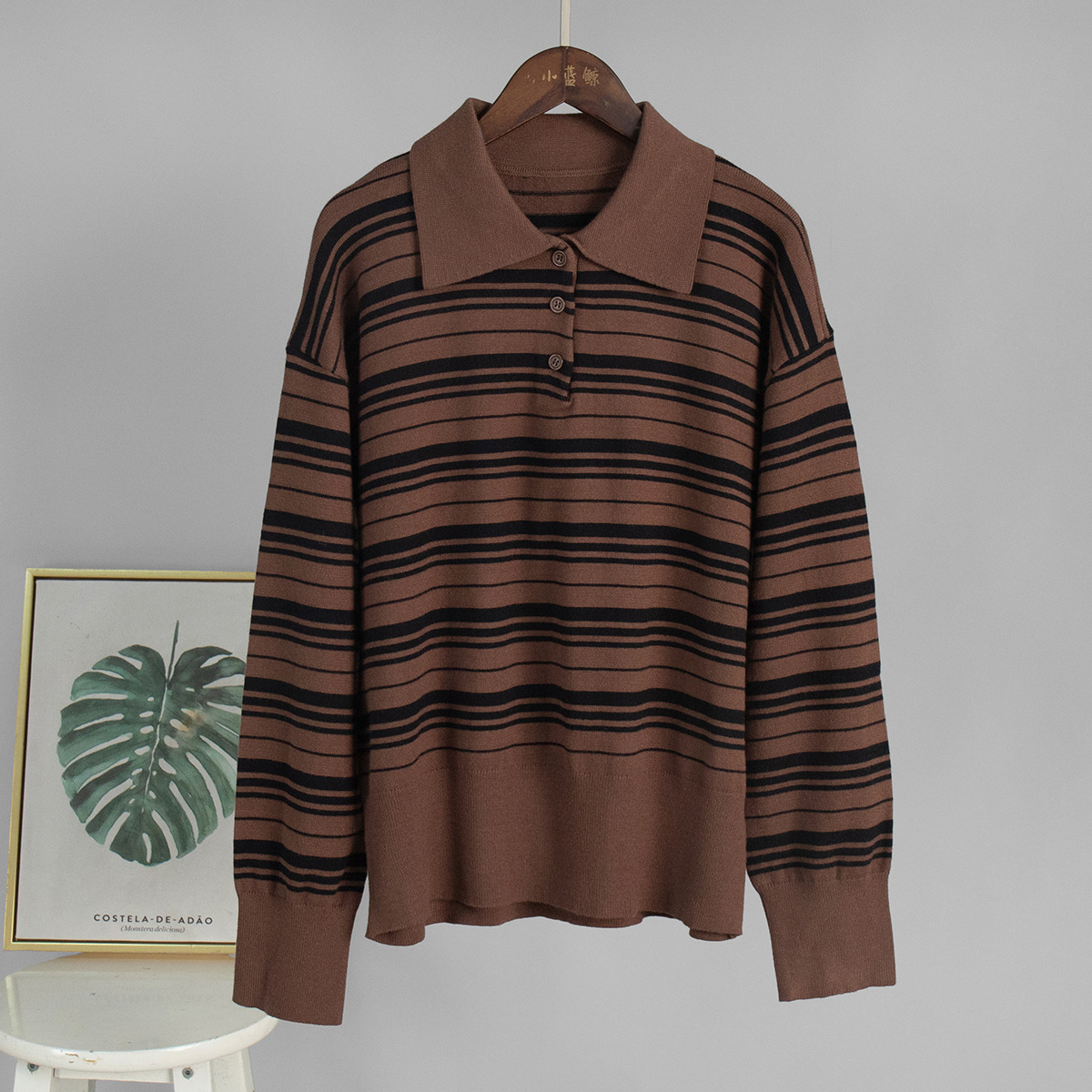 Suéter de Punto a Rayas Transfronterizo, Estilo Europeo y Americano, Otoño 2025, Nuevo Polo Americano Retro con Bloques de Color y Cuello de Polo