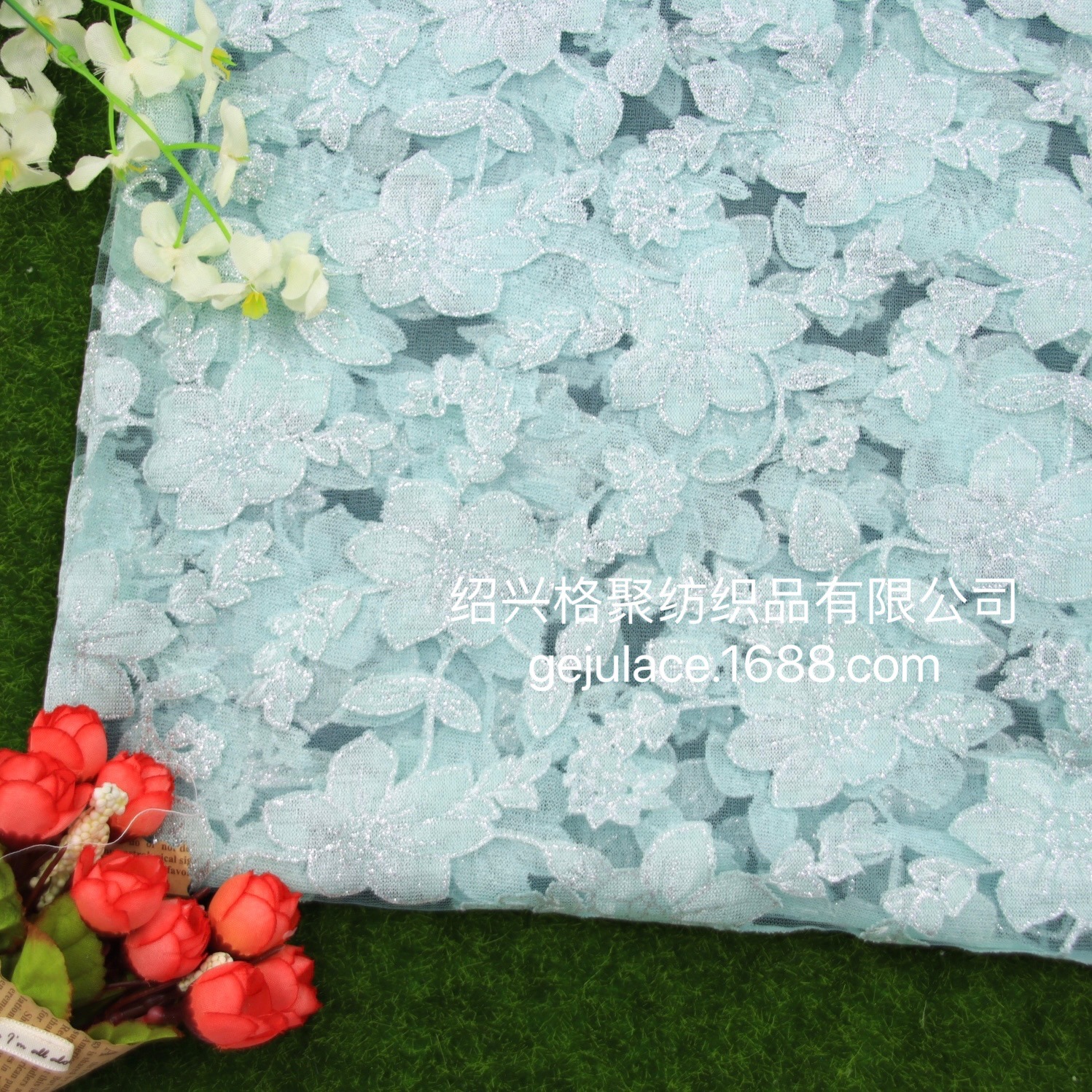2021 兰花网烂花蕾丝 银丝湖蓝色 全涤花朵 镂空 女装连衣裙面料