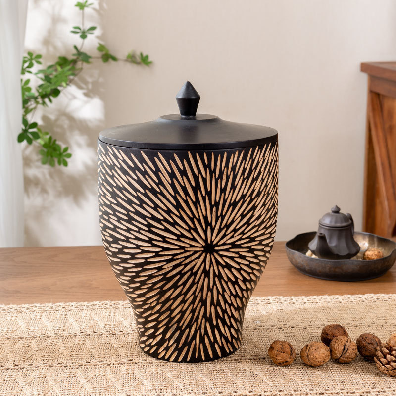 Solid Wood Dried Fruit Snacks Tea Embossed Storage Jar Ornaments Thai Decorations Desktop Trash Can Paper Basket