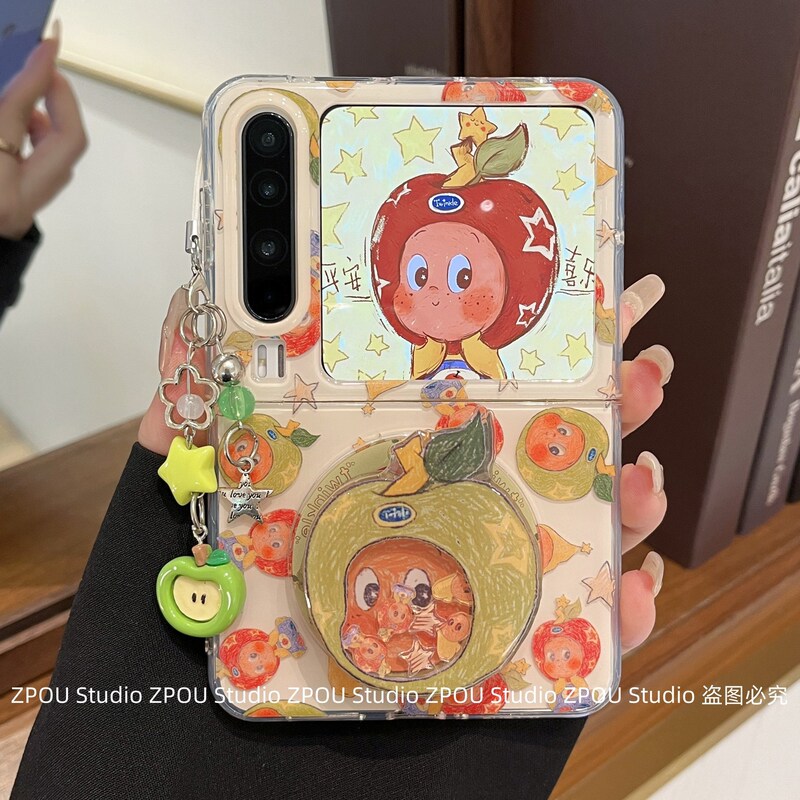 Suitable for Huawei Purax Foldableing Screen Pocket2 Mobile Phone Case Cute Cartoon Apple Star Man New Magnetic Stand Matex6/X5/X3 Collector's Edition Lanyard Super Nice Protective Cover for Women