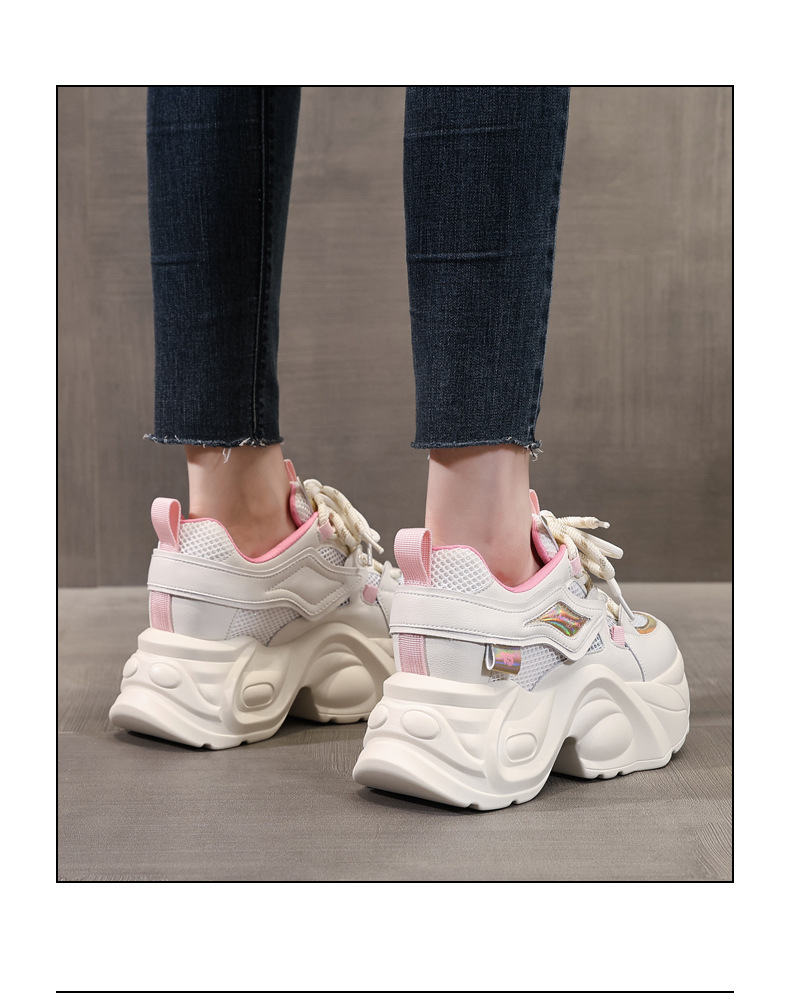 Giày sneaker nữ đế dày tăng chiều cao lưới thoáng khí — Màu vàng trắng chi tiết 16