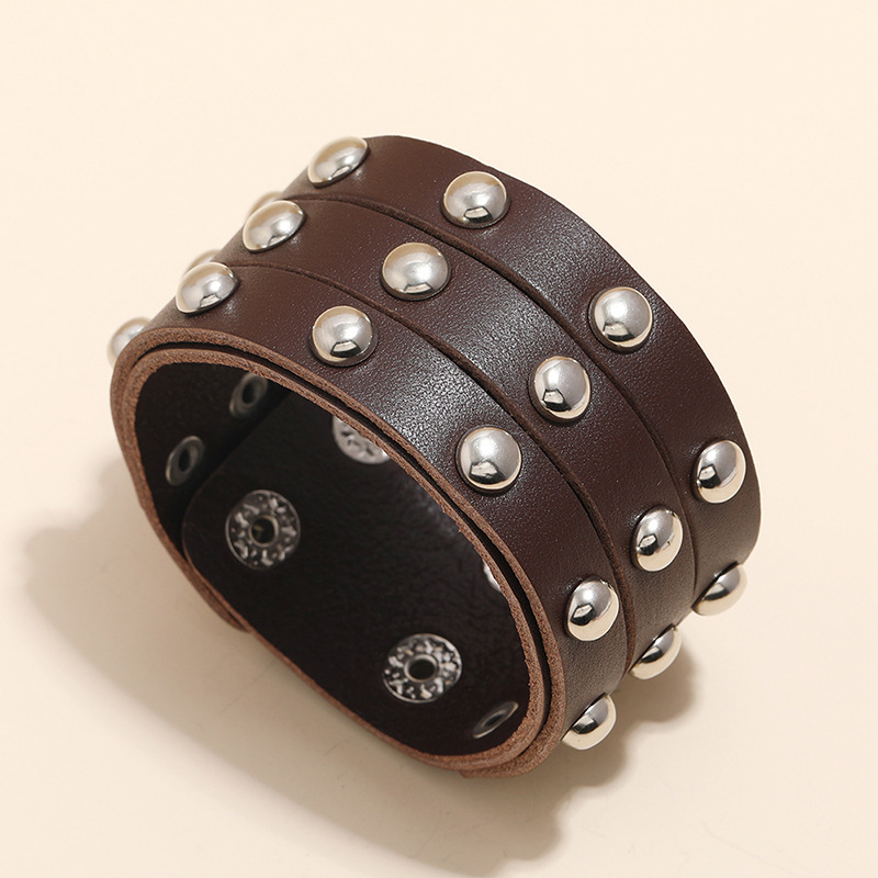 punk style three-row rivet leather bracelet