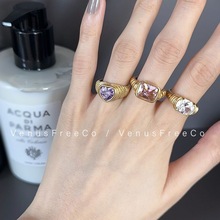 法式彩色宝石可颂螺纹紫粉白钻戒指日常叠戴夸张大颗气质新款设计