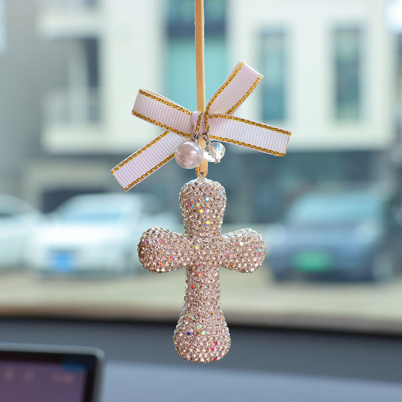Cross-border personalized car interior pendant for men and women, rearview mirror decoration, diamond-encrusted cross, high-end car fashion accessory gift