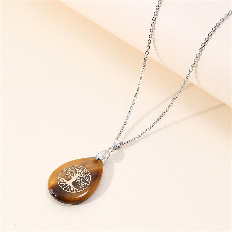 fashion simple water drop tiger eye stone pendant titanium steel necklace