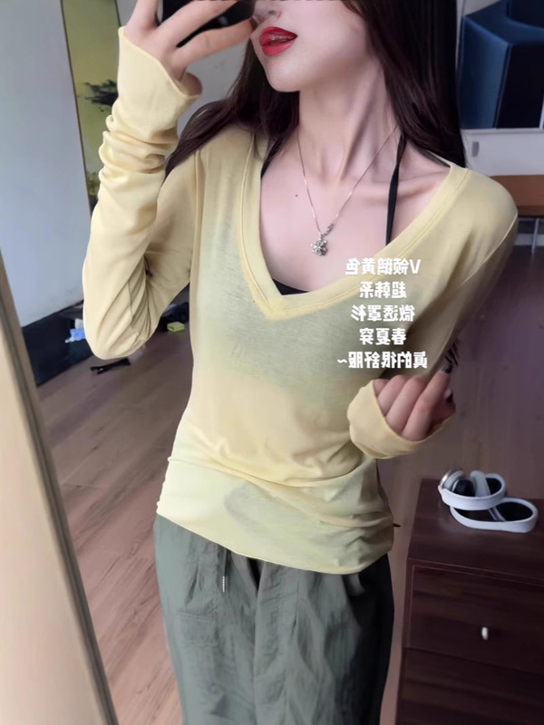黄色薄款休闲V领长袖t恤女春夏季辣妹小众修身显瘦防晒罩衫上衣女|undefined