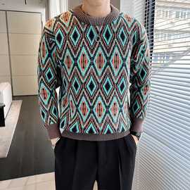 冬季新款男士圆领针织毛衣2024时尚复古菱形格韩版长袖休闲打底衫