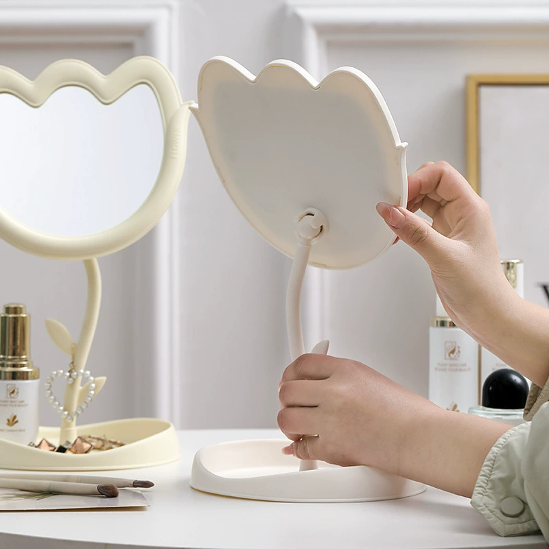 Desktop Tulip Makeup Mirror, Single-Sided Rotating Stand, Decorative Base Tray, Student Size