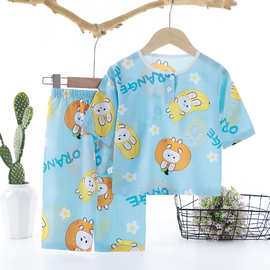 儿童棉绸睡衣夏季薄款男童女童空调服七分袖家居服两件套卡通小童