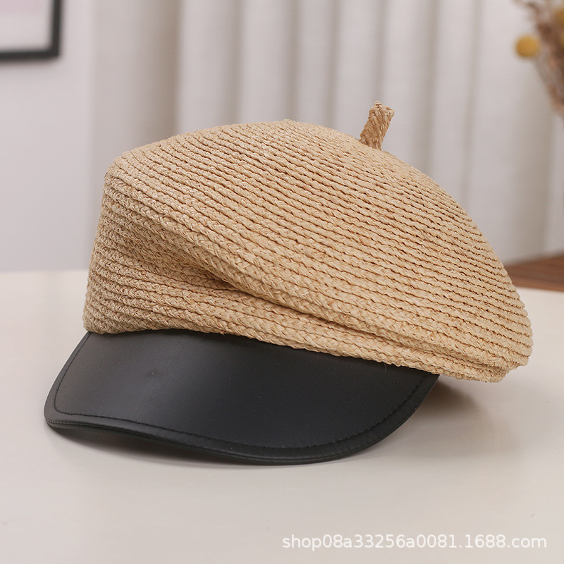 Mũ nồi beret đan rơm thủ công phong cách retro Hàn Quốc cho nữ mùa hè — Màu đen