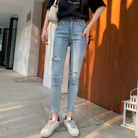 浅色破洞牛仔裤女薄款春夏弹力紧身小脚裤修身时尚九分铅笔裤子潮