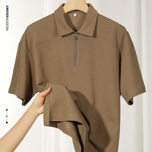 American Trend Texture Collar Short-Sleeve Polo Shirt Men's Summer Loose Round Neck Half-Zip T-shirt Top