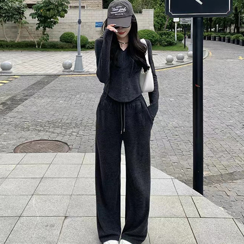 ActiveGo Slimm, completo sportivo da donna, due pezzi, alla moda, casual, autunno inverno, con cappuccio e pantaloni a gamba larga_voghion.com