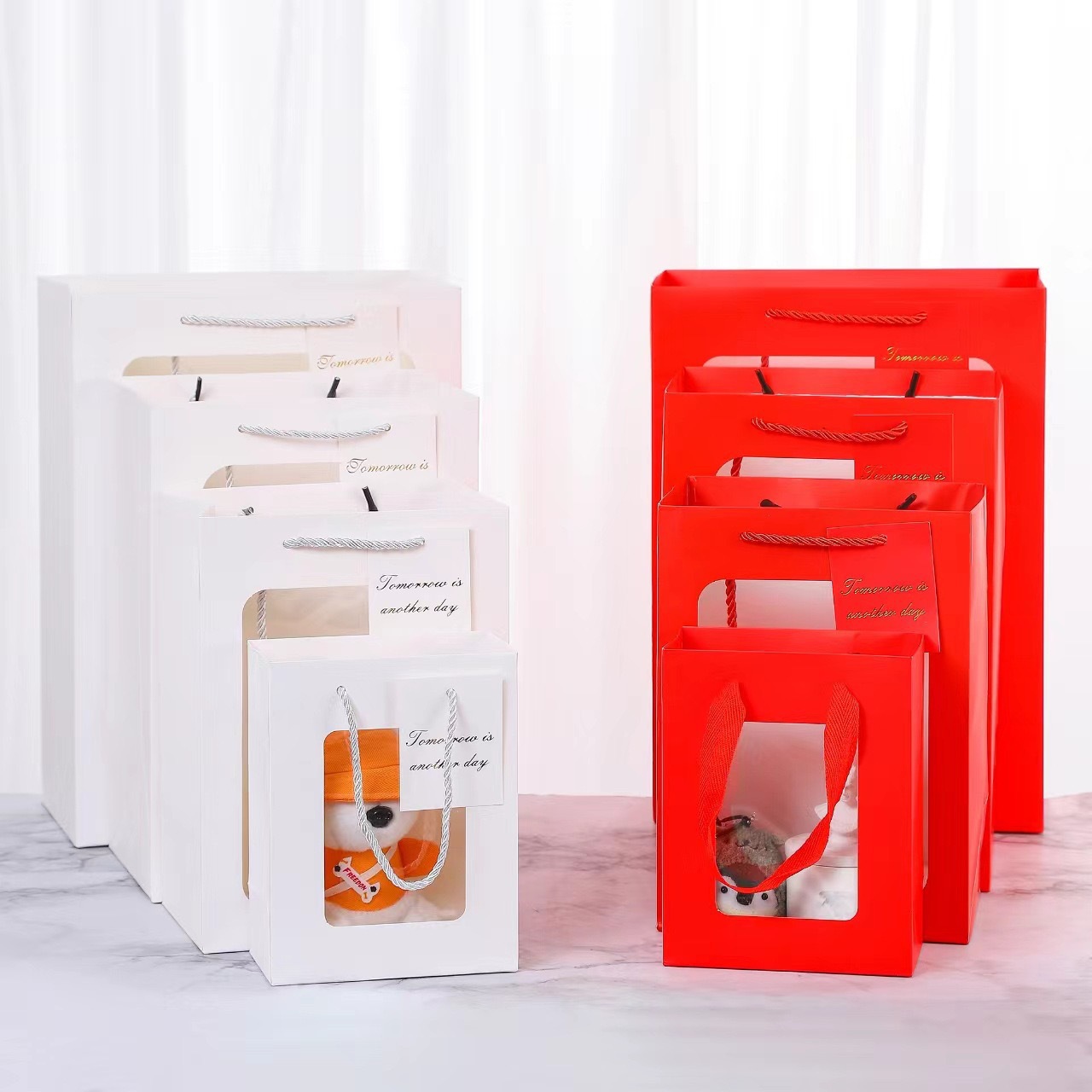 开窗袋现货加厚透明礼品袋公仔手提袋开窗纸袋鲜花花束包装袋手提