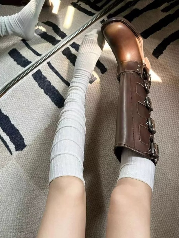 堆堆袜子女双针过膝长筒袜jK小腿袜美拉德条纹黑白色ins潮大腿袜|undefined