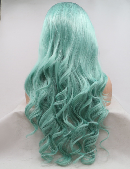 seda de alta temperatura media peluca tejida a mano cubierta de cabello estilo de moda europea y americana onda verde larga rizada de encaje LW0280