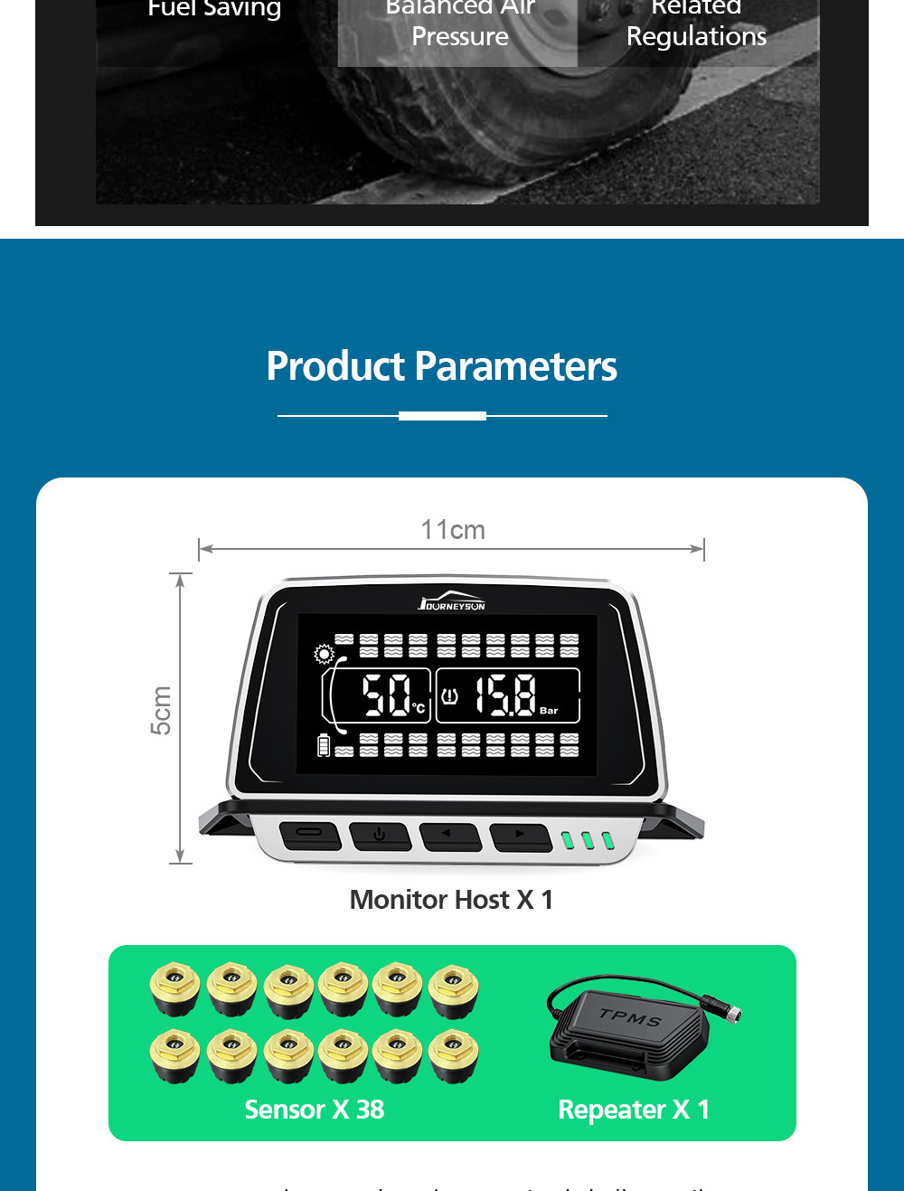 Large Truck Tire Pressure and Temperature Monitor with Large Screen Display, Multi-Wheel Simultaneous Display, Color Screen Design, Built-In and External Sensors