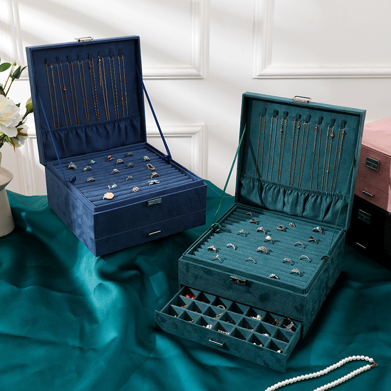 三层大容量首饰盒带锁珠宝首饰盒项链戒指盒饰品盒耳钉耳环收纳盒