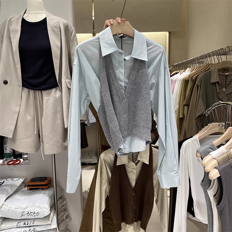 十三行2025秋新款v领挂脖针织马甲背心女polo领长袖衬衫两件套|undefined