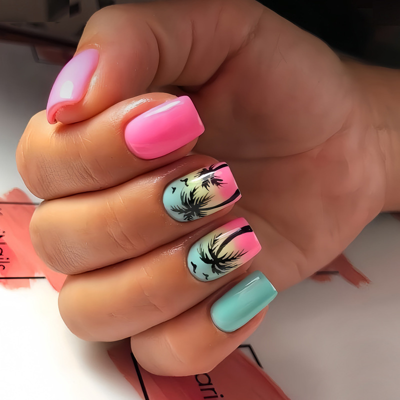 Cross-Border Bestseller: 24 Pieces of Tropical Palm Tree Pink Beach Press-On Nails