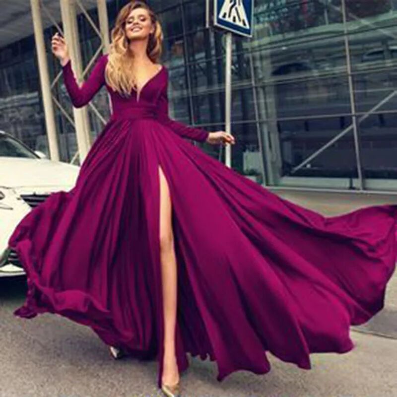 Vestido de noche largo de gasa elegante con cuello en V y manga larga, estilo europeo y americano, para comercio exterior, Amazon, AliExpress, Wish image 2