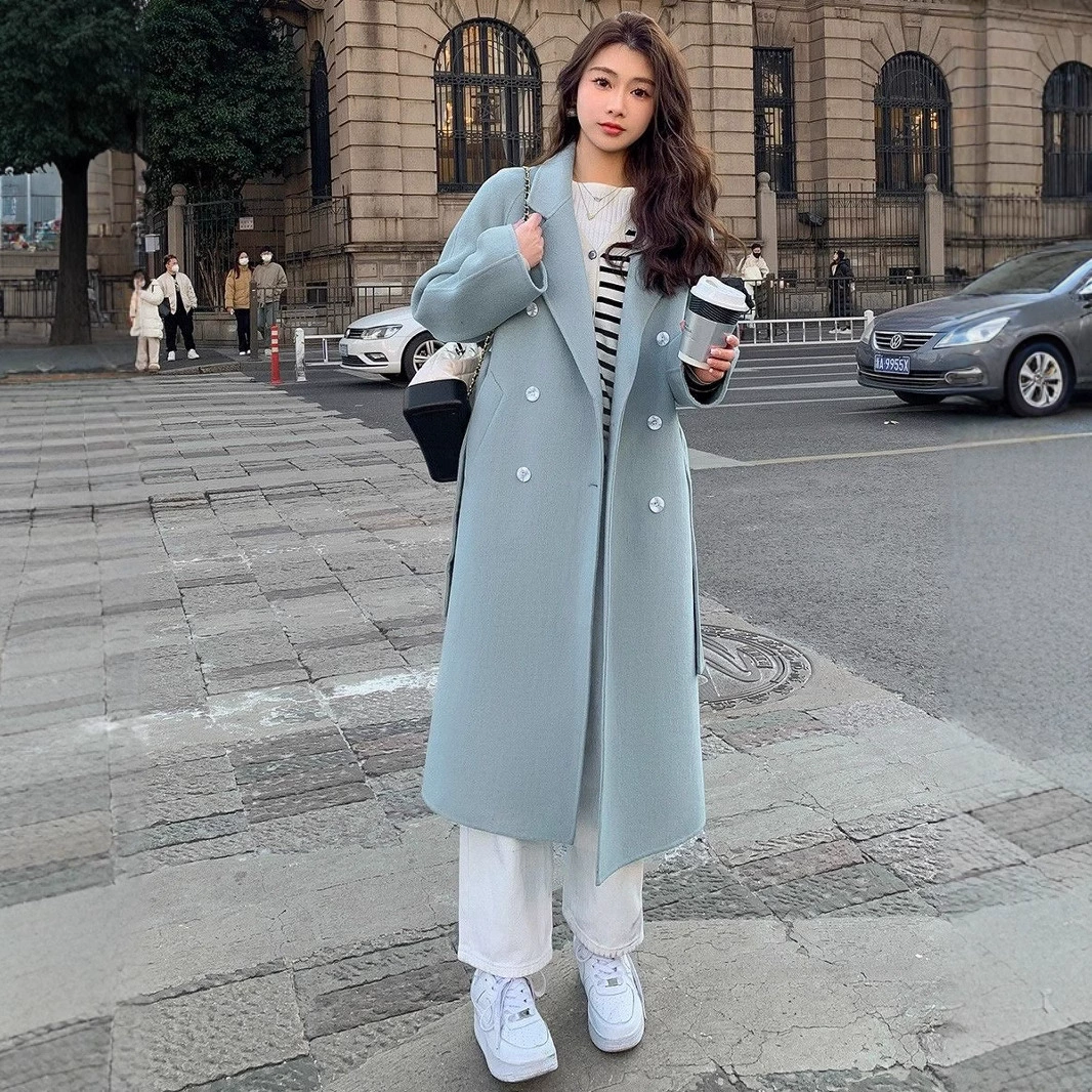Трансграничное двухстороннее шерстяное пальто женское осень-зима 2024 новая корейская версия свободного среднего длинного шерстяного пальто Хепберн